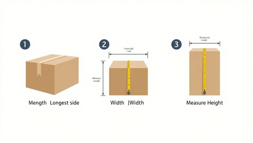 How to Correctly Measure the Dimensions of a Box (Real-World Guide by D Custom Boxes) 1 Flux Dev Create a stepbystep infographic showing a closed card 1