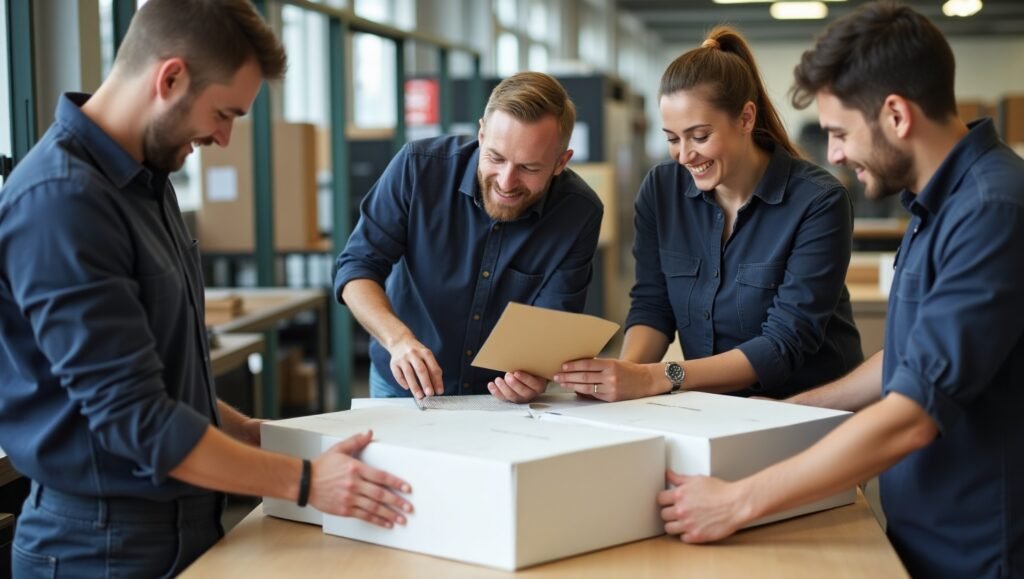 What Is Offset Printing? How It Works (Explained by D Custom Boxes) 8 A friendly, professional team working together in a print shop with an offset printer in the background. Focus on collaboration and attention to detail. Smiling staff inspecting printed packaging boxes