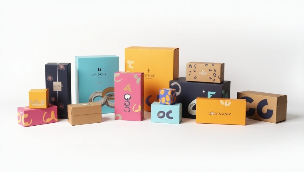 What Is Offset Printing? How It Works (Explained by D Custom Boxes) 7 Group of luxury packaging boxes including rigid boxes, mailer boxes, and custom product sleeves. Each with vivid, sharp, colorful offset-printed designs. Clean, retail-style arrangement on a white or light background.