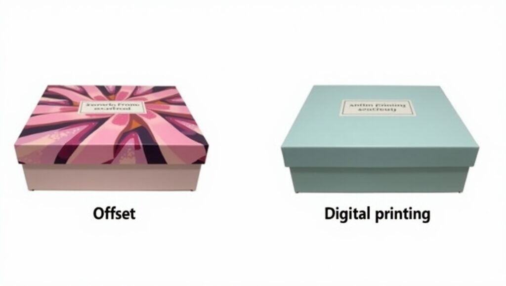 What Is Offset Printing? How It Works (Explained by D Custom Boxes) 6 Side-by-side comparison: On the left, a luxury box printed using offset printing with sharp, vibrant colors. On the right, a similar box printed using digital printing with slightly duller colors. Clean white background with clear labeling: "Offset" and "Digital.