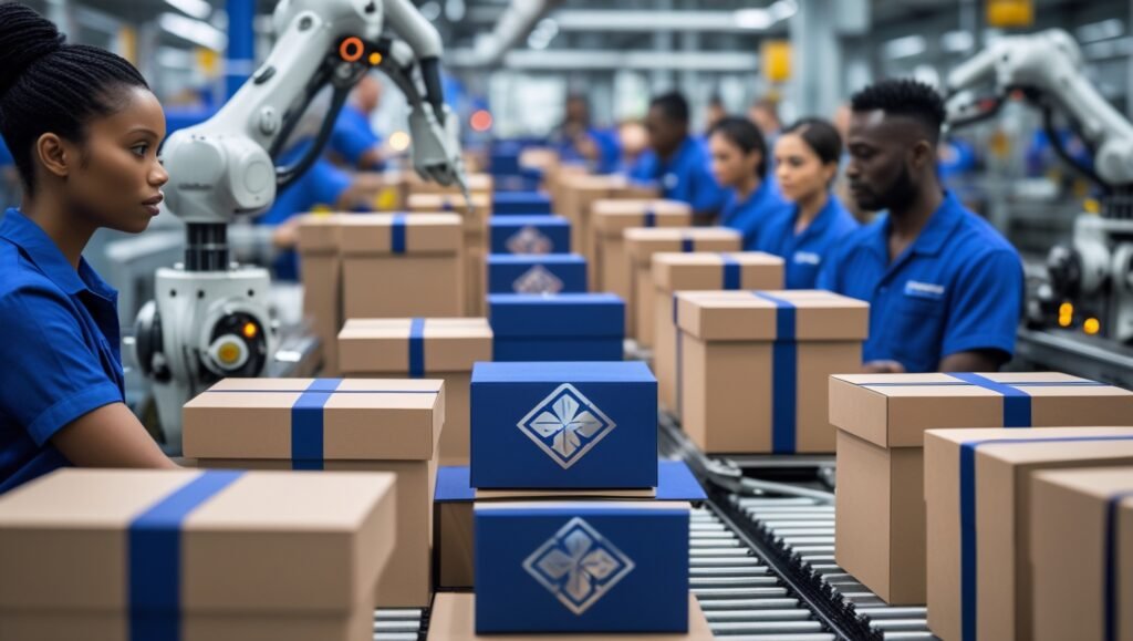 Leonardo Phoenix 10 A bustling factory line with multiple boxe 2