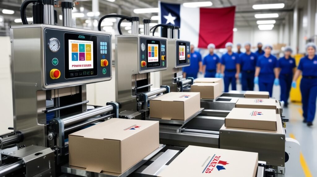 Close-up of packaging machines printing and cutting custom boxes in a clean factory environment in Texas, symbolizing quality and precision.
