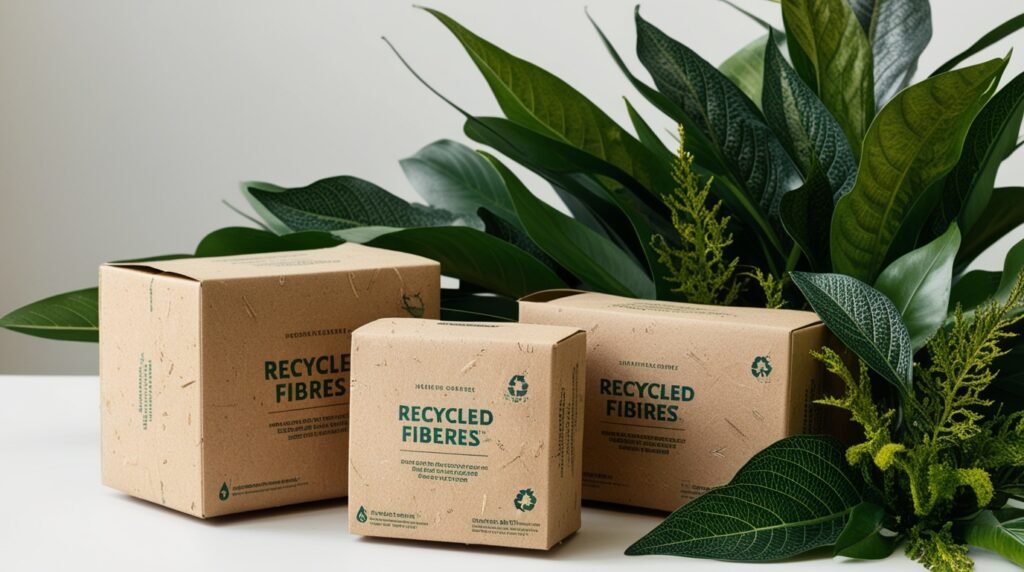 Kraft boxes made from recycled materials surrounded by green leaves, symbolizing sustainability, eco-friendly production, and zero waste initiative.