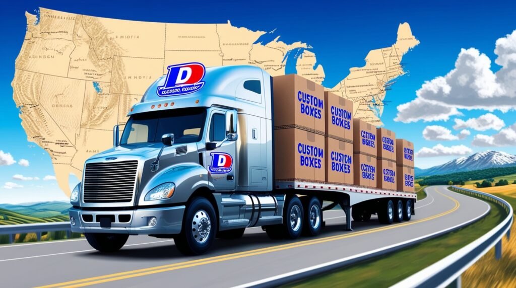 Delivery truck loaded with custom printed boxes marked “D Custom Boxes” traveling across the United States map — symbolizing fast nationwide delivery